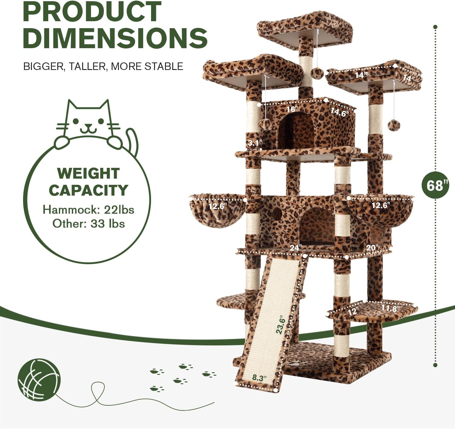 MUTICOR Torre de árbol grande de varios niveles para gatos de 68 pulgadas con condominioacogedoras perchas de felpa para gatos, postes rascadores de