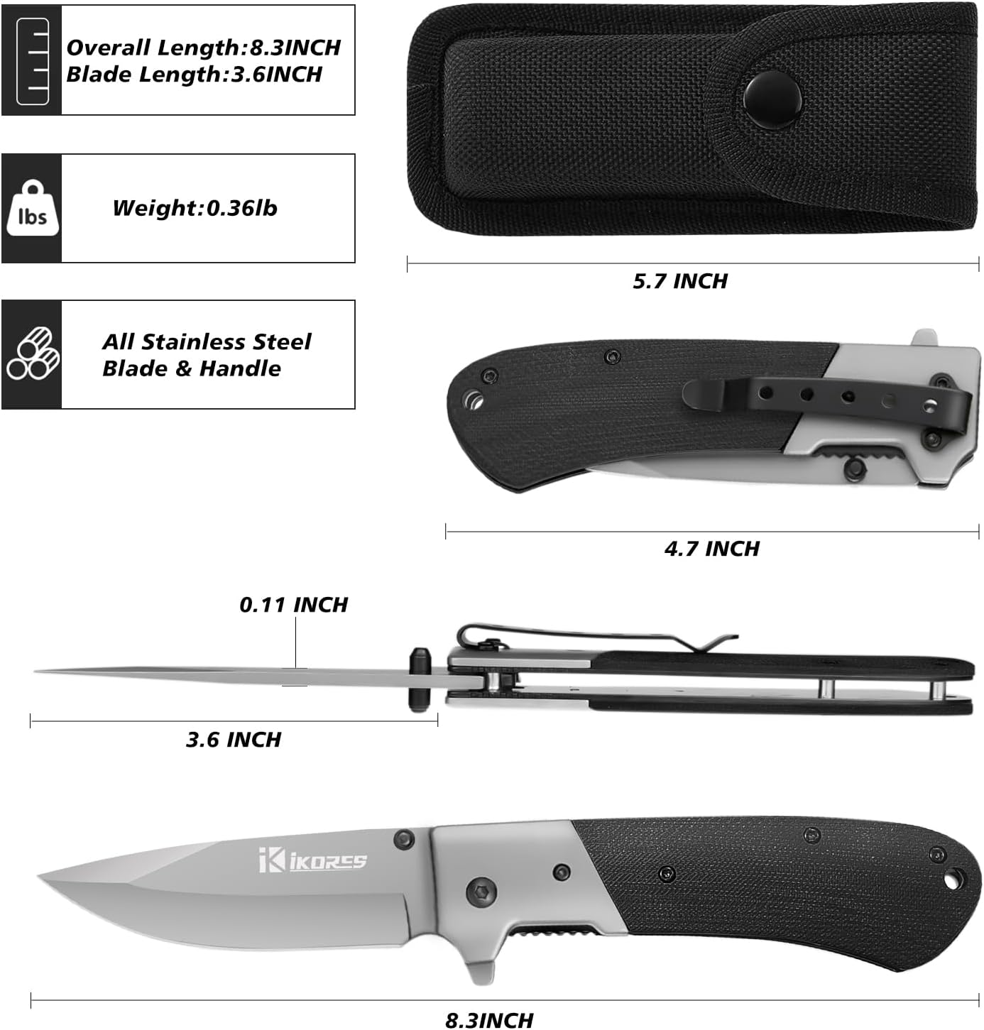 IKORES Cuchillo de bolsillo con mango G10, cuchillo plegable de 3.5 pulgadas con clip de bolsillo y funda de nailon, gran regalo para hombres y