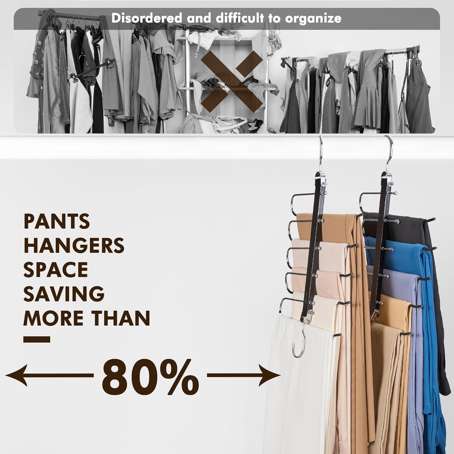 HOUSE DAY Perchas para pantalones que ahorran espacio, perchas de madera para armario, antideslizantes, multifuncionales, organizador de pantalones