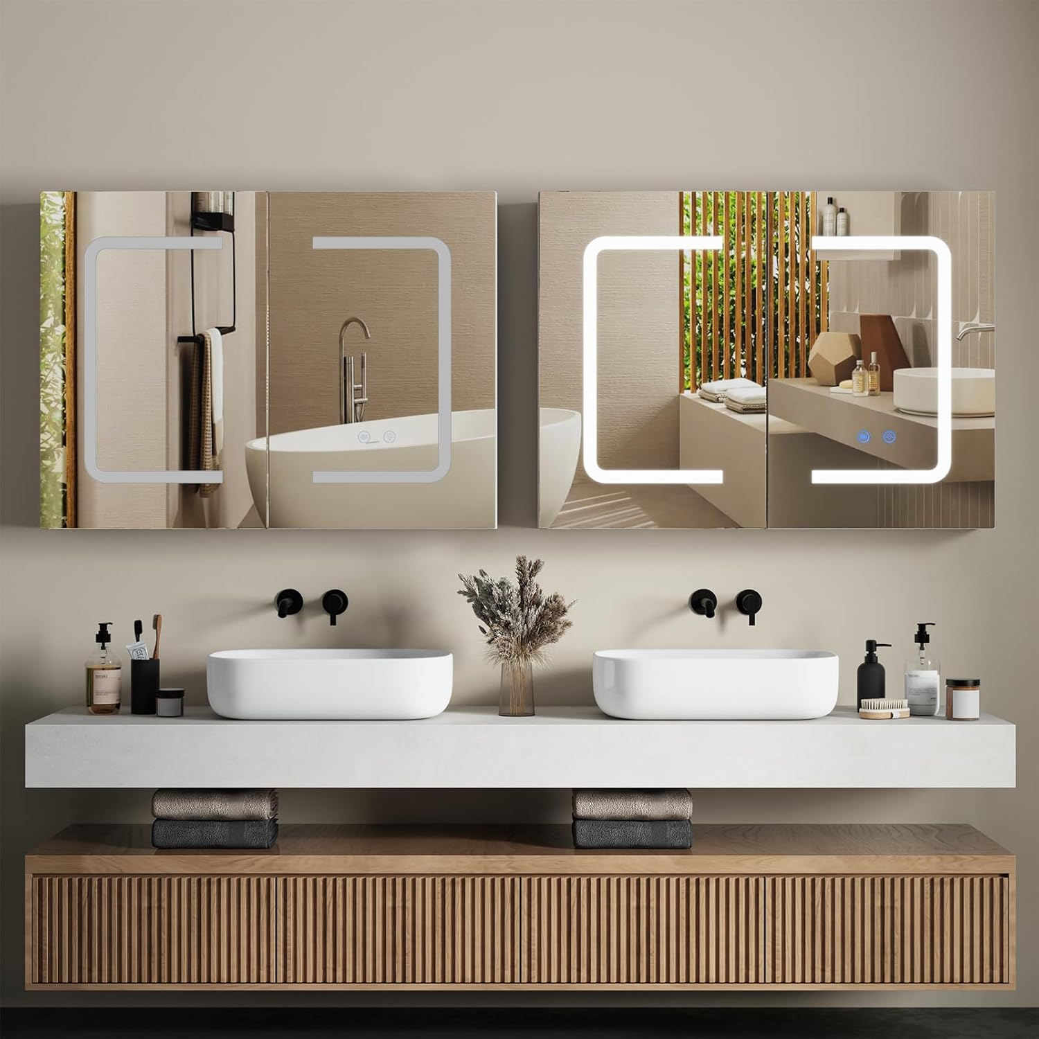 Espejo de baño con almacenamiento, botiquín de baño con espejo de montaje en pared, espejo LED, botiquín de medicina, 3 colores, atenuador infinito,