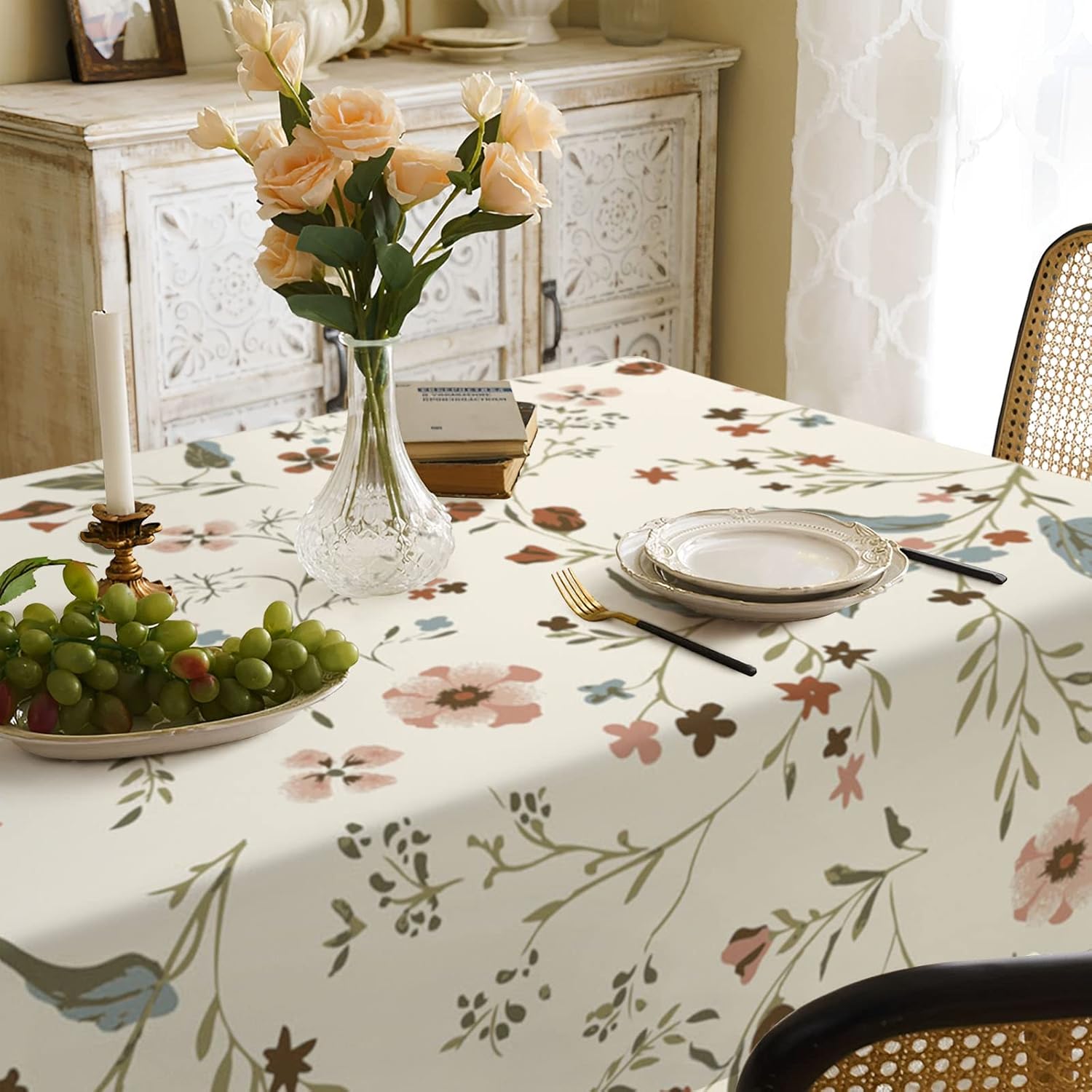 Spring Flowers Fabric Waterproof Tablecloth,Rectangle Watercolor Wrinkle Oil-Proof Resistant Table Cover for Dining Table,Modern Minimalist White