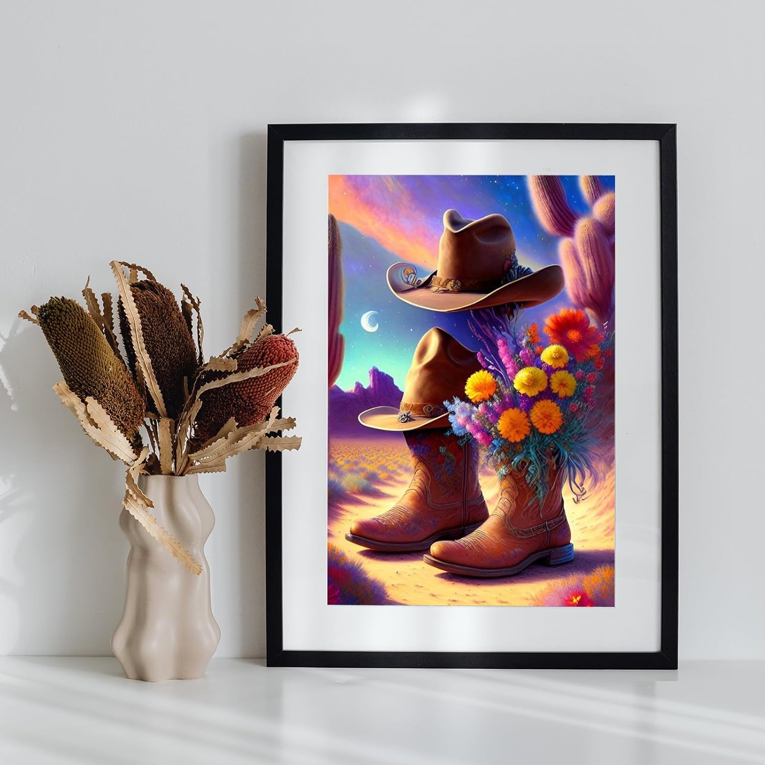 ROOHOME Kit de pintura de diamantes con sombrero de bota de flores de fantasía, kit de arte redondo de diamante 5D para adultos y niños, kit de