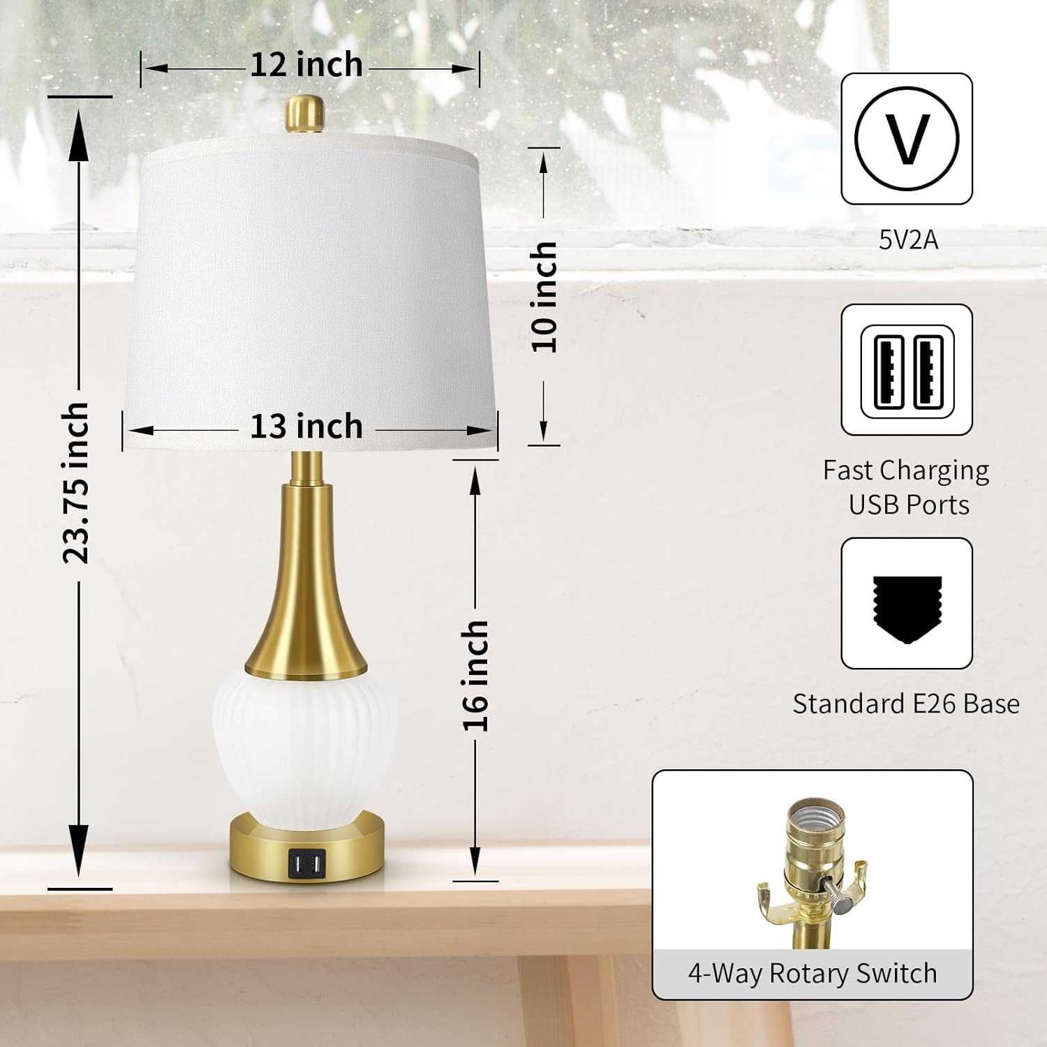 Juego de 2 lámparas de mesa para sala de estar, lámpara de noche de cristal moderna con puertos USB, lámparas de mesita de noche regulables de 4