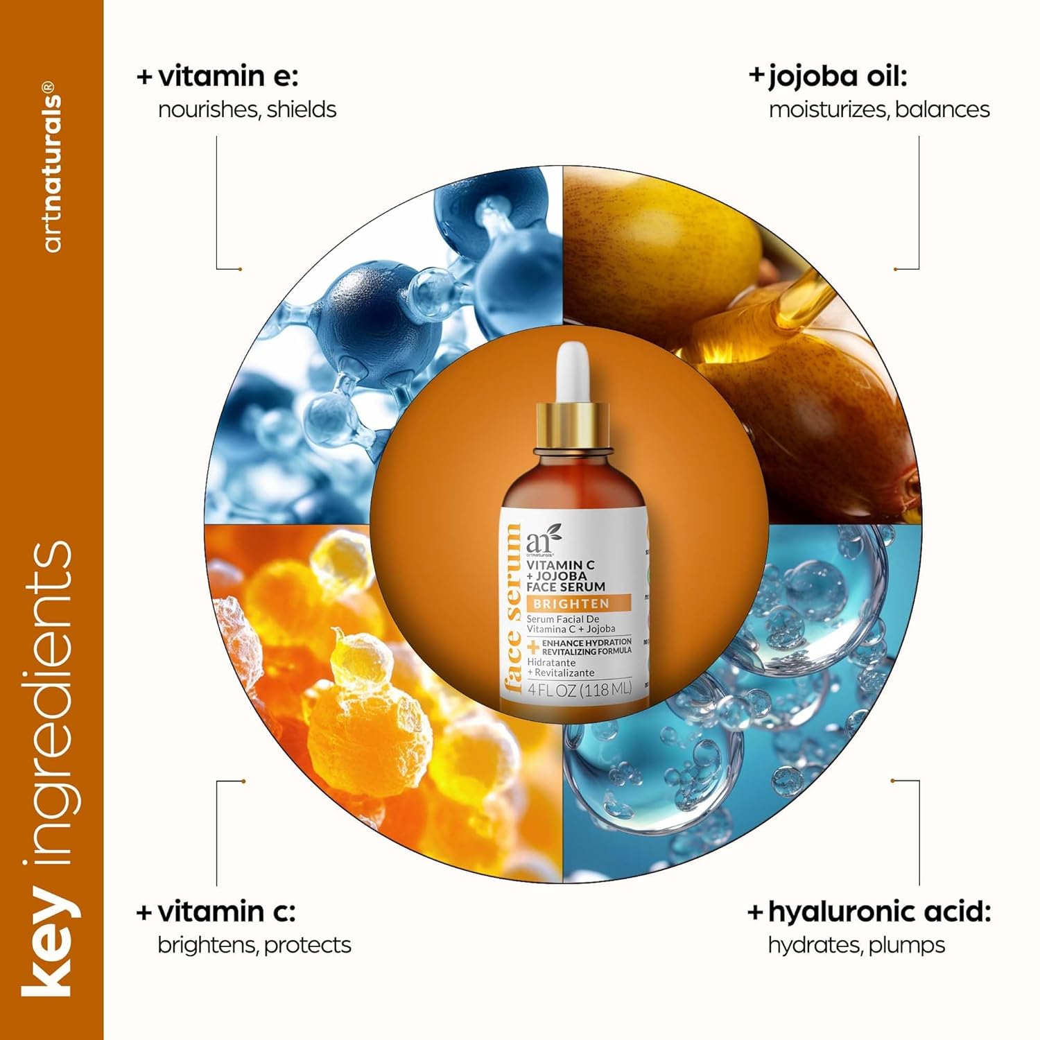 ArtNaturals Suero de vitamina C antienvejecimiento (4 onzas líquidas) con ácido hialurónico y vitamina E – Repara las arrugas ojeras, desvanece las