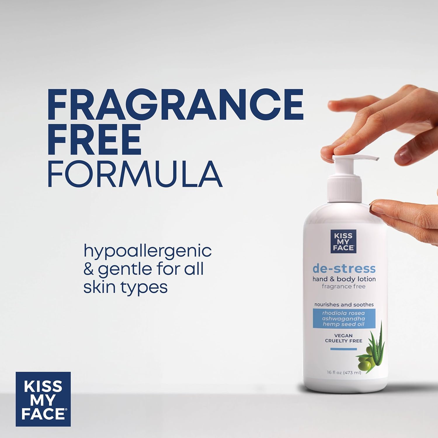 Kiss My Face De-Stress Loción para manos y cuerpo sin fragancia, hipoalergénica, libre de crueldad, loción vegana para piel seca – Botella de 16