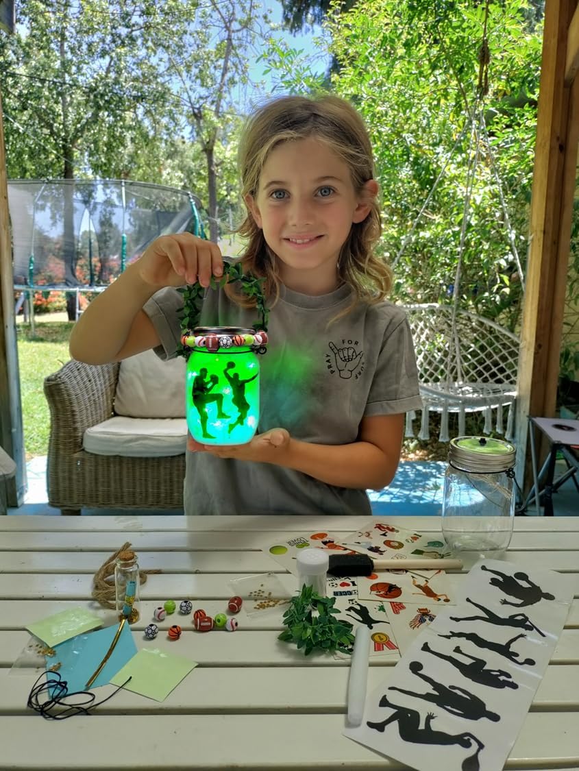 Haz tu propio tarro de farol deportivo con luz nocturna para niños y niñas, fútbol, fútbol, baloncesto, tenis y béisbol para niños, kit de arte de