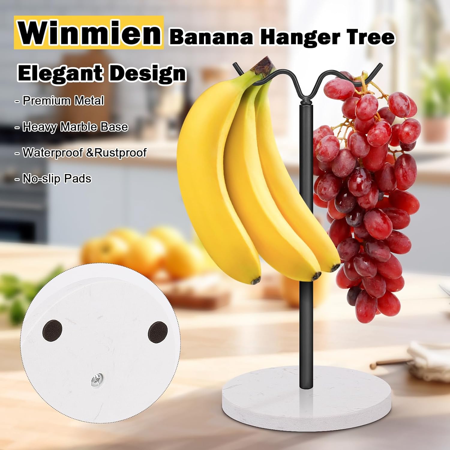 Soporte de plátano de pie con base de mármol, gancho de plátano para encimera de cocina, estantes de frutas resistentes y equilibrados con
