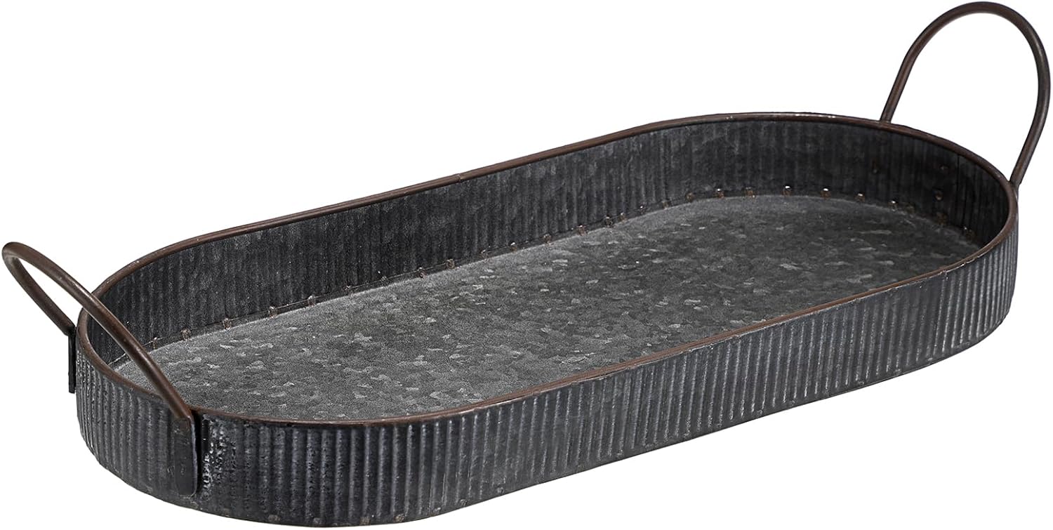 Hipiwe Bandeja ovalada de hierro de metal galvanizado con asa, bandeja de almacenamiento de estilo industrial, bandeja decorativa rústica para mesa
