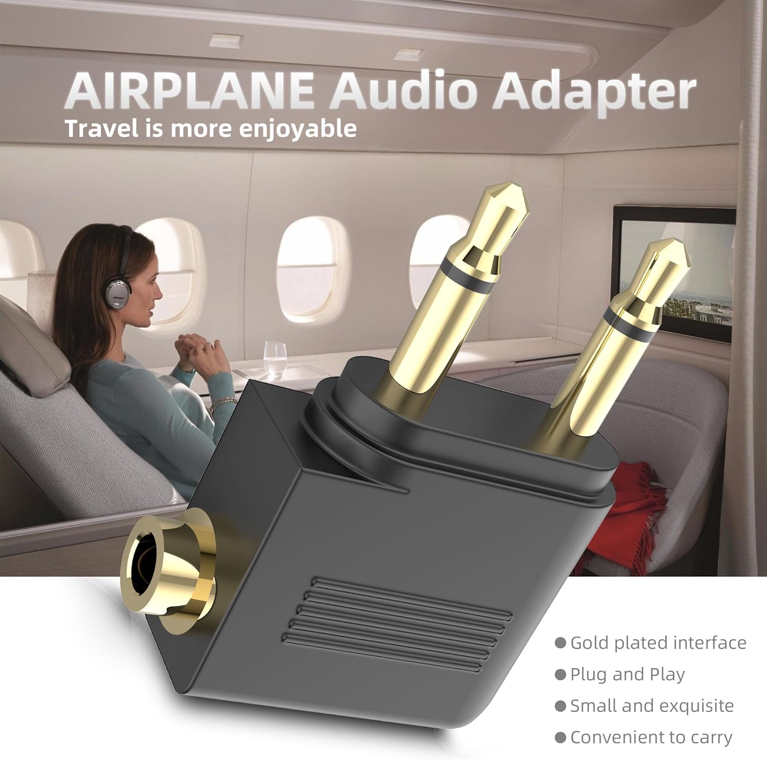 Adaptador doble de auriculares de avión macho a 0.138 in hembra chapado en oro (paquete de 2)