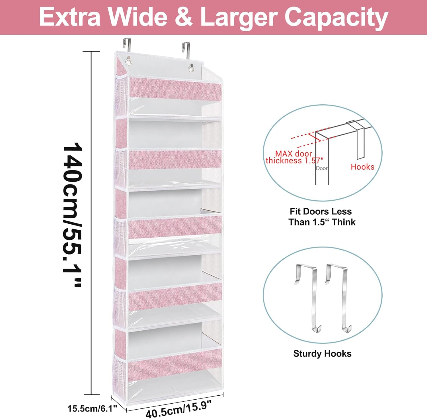 homyfort Organizador para colgar sobre la puerta con 5 bolsillos grandes, 10 bolsillos laterales de malla, 5 estantes extra grandes y resistentes,