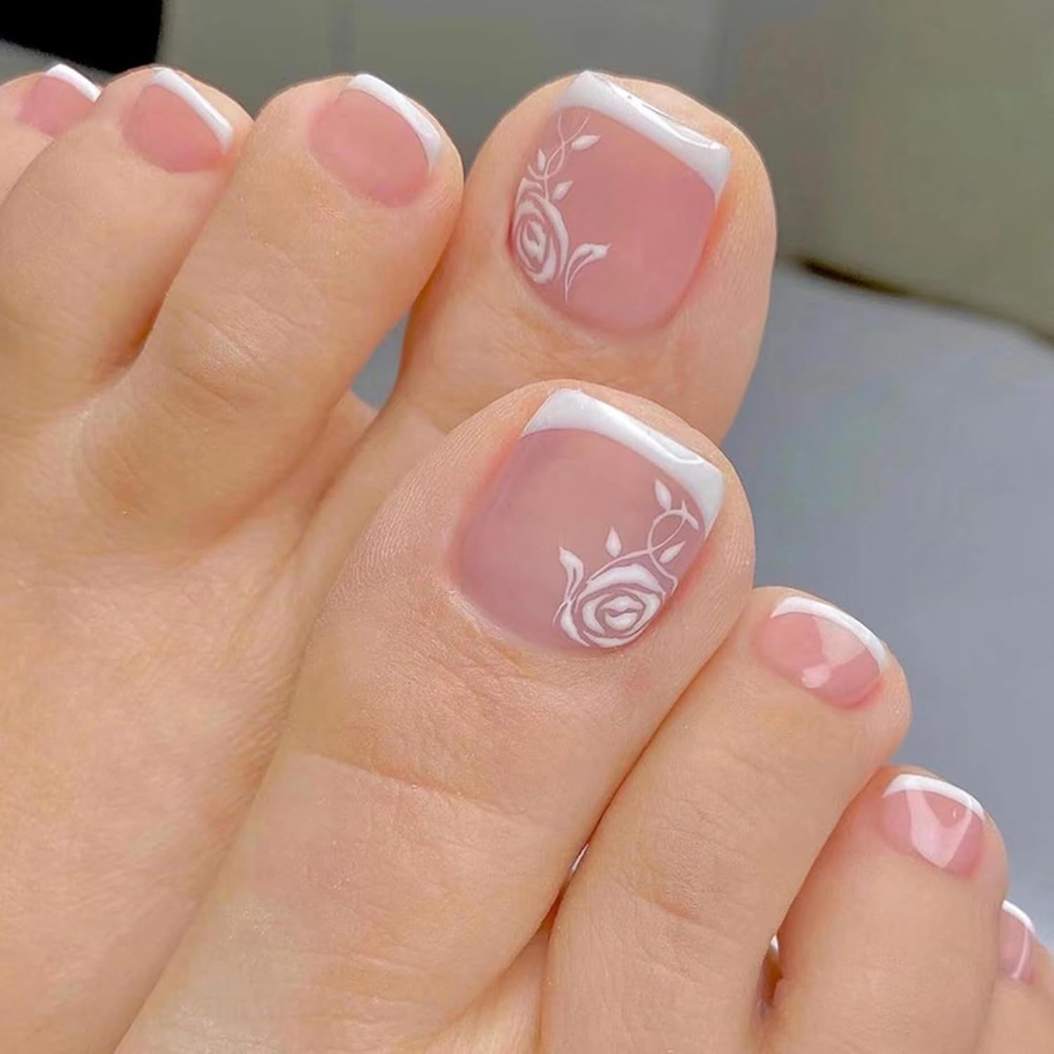 RODAKY Uñas postizas cuadradas francesas para mujer, con borde blanco francés, de cobertura completa, color rosa, flores, uñas postizas, uñas de