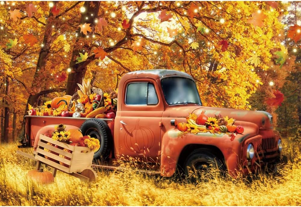 Telón de fondo de vinilo de 10 x 8 pies con diseño de camión rojo de bosque de otoño, calabaza, girasol, cosecha, fondo de fotografía, hojas de