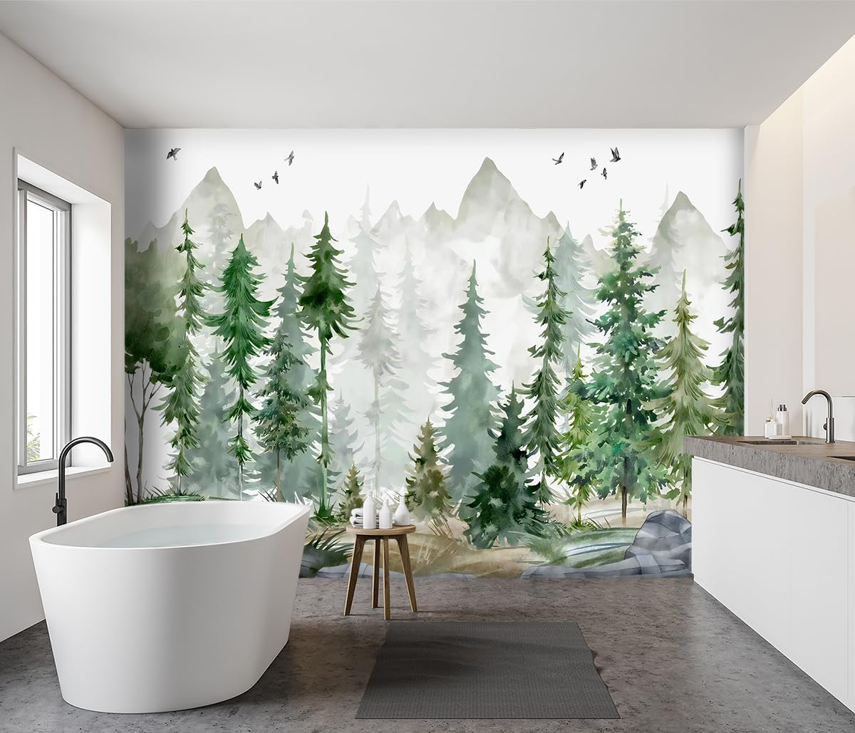 Papel tapiz de tela verde con dibujos animados de pinos y bosques para niños y niñas, dormitorio infantil, sala de estar, plantas de bosque, mural