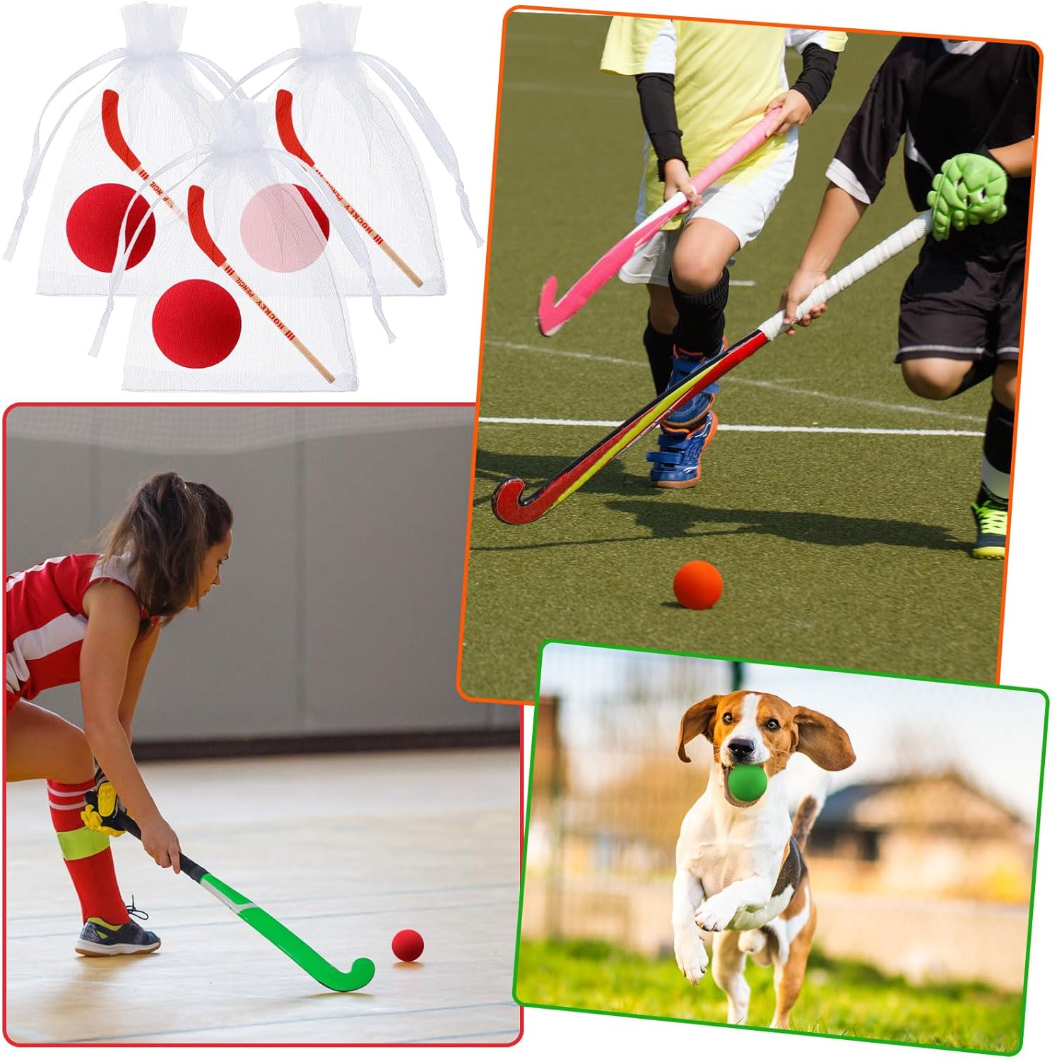 72 piezas de recuerdos de fiesta de hockey incluyen 24 lápices de hockey con borradores, 24 pelotas de hockey, 24 bolsas, lápices de palo de hockey,