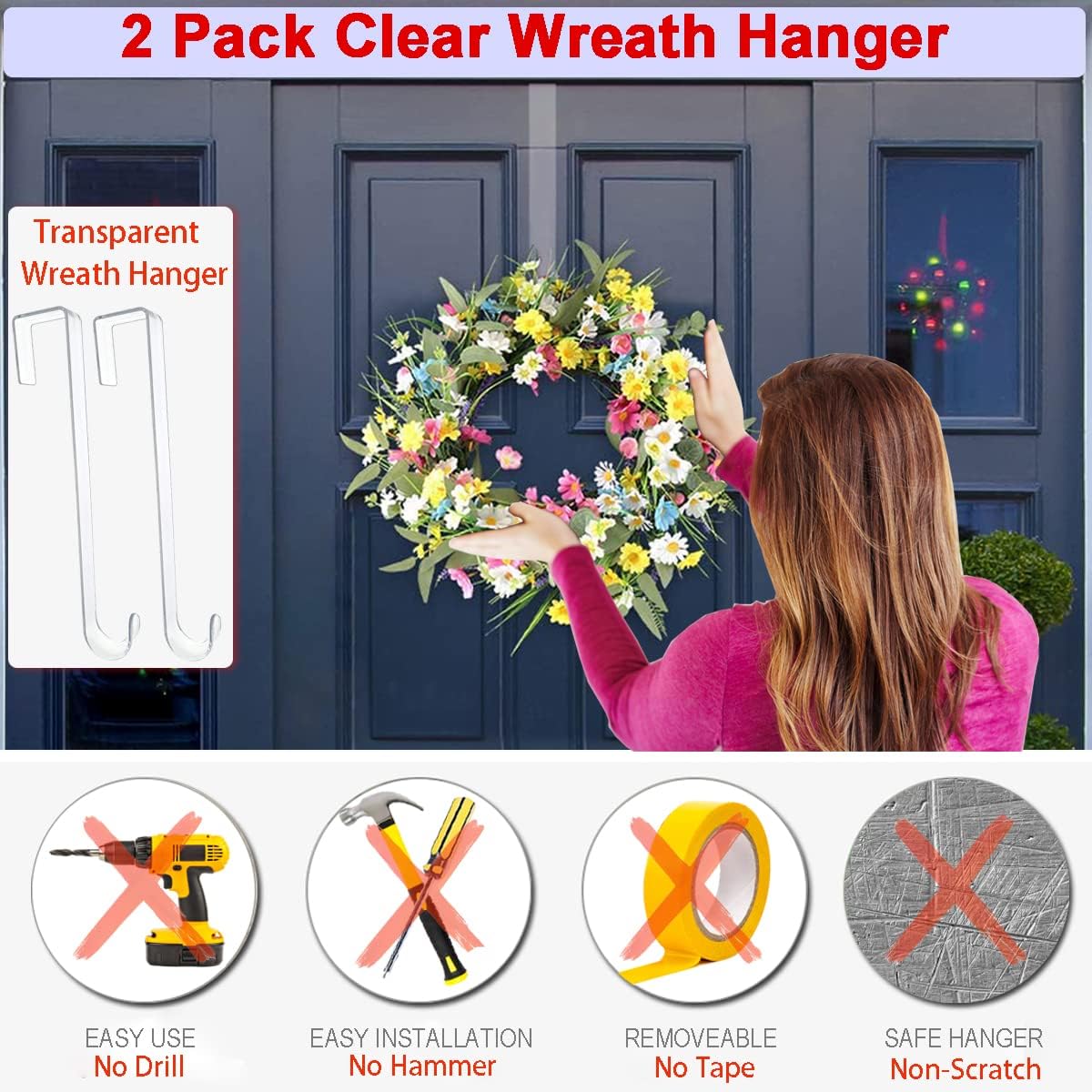 Ganchos de corona de 15 pulgadas para puerta delantera, paquete de 2 ganchos para colgar sobre la puerta, para otoño, Navidad, corona, Halloween,