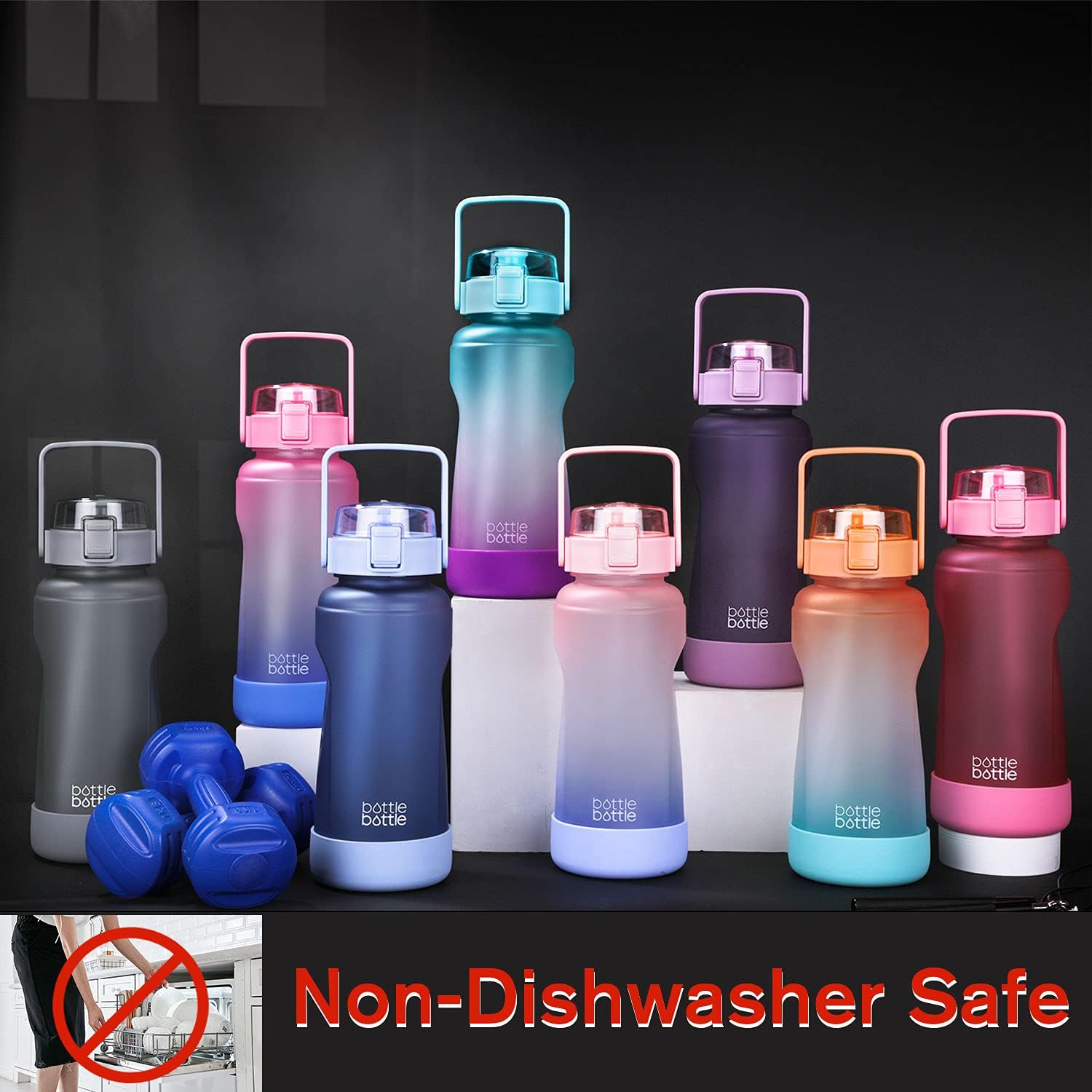 bottlebottle botella de agua motivacional de 64onzas con marcas para los horarios y pajilla, con base protectora de silicona, para entrenamiento y