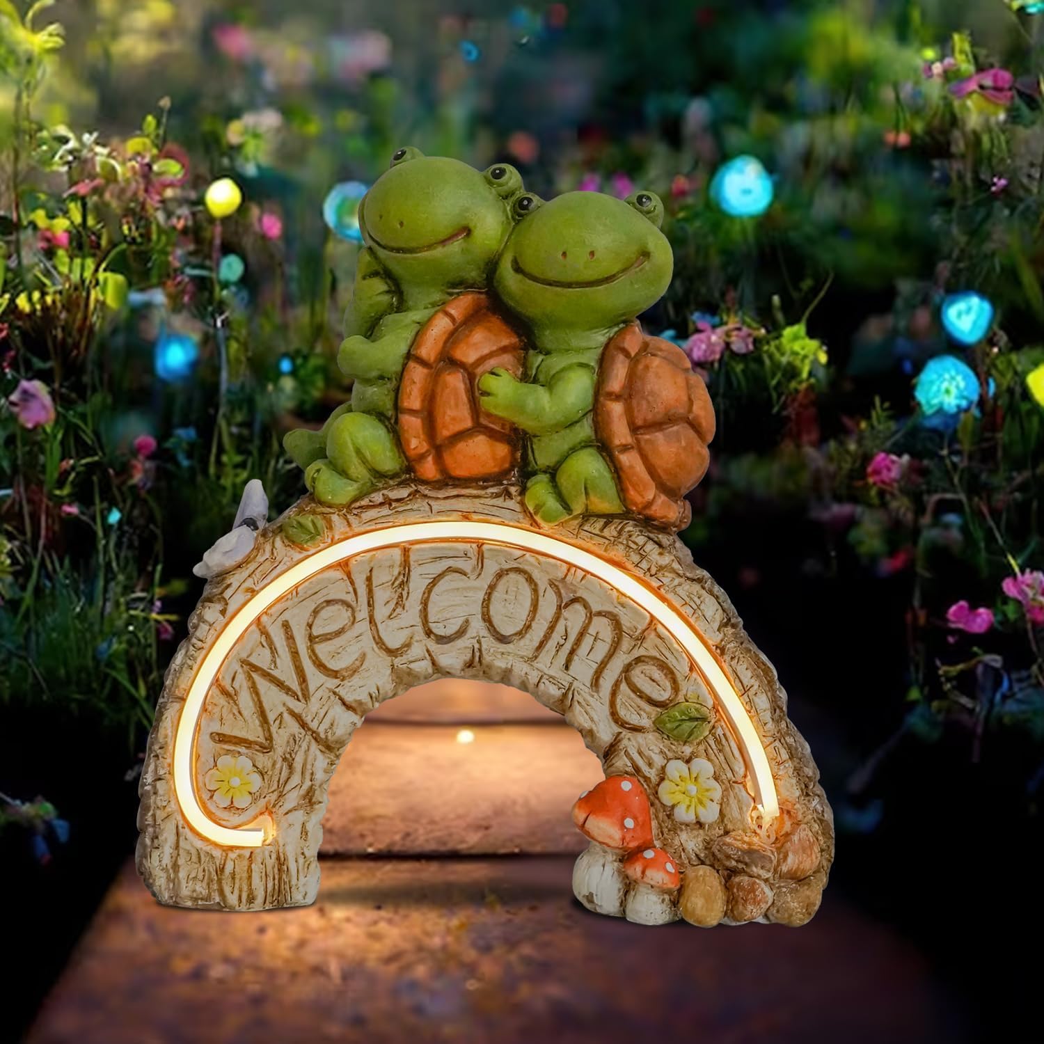 Estatuas de jardín con luz solar, adorable tortuga de 14 pulgadas con luz de bienvenida y tira, decoración de jardín al aire libre para patio,