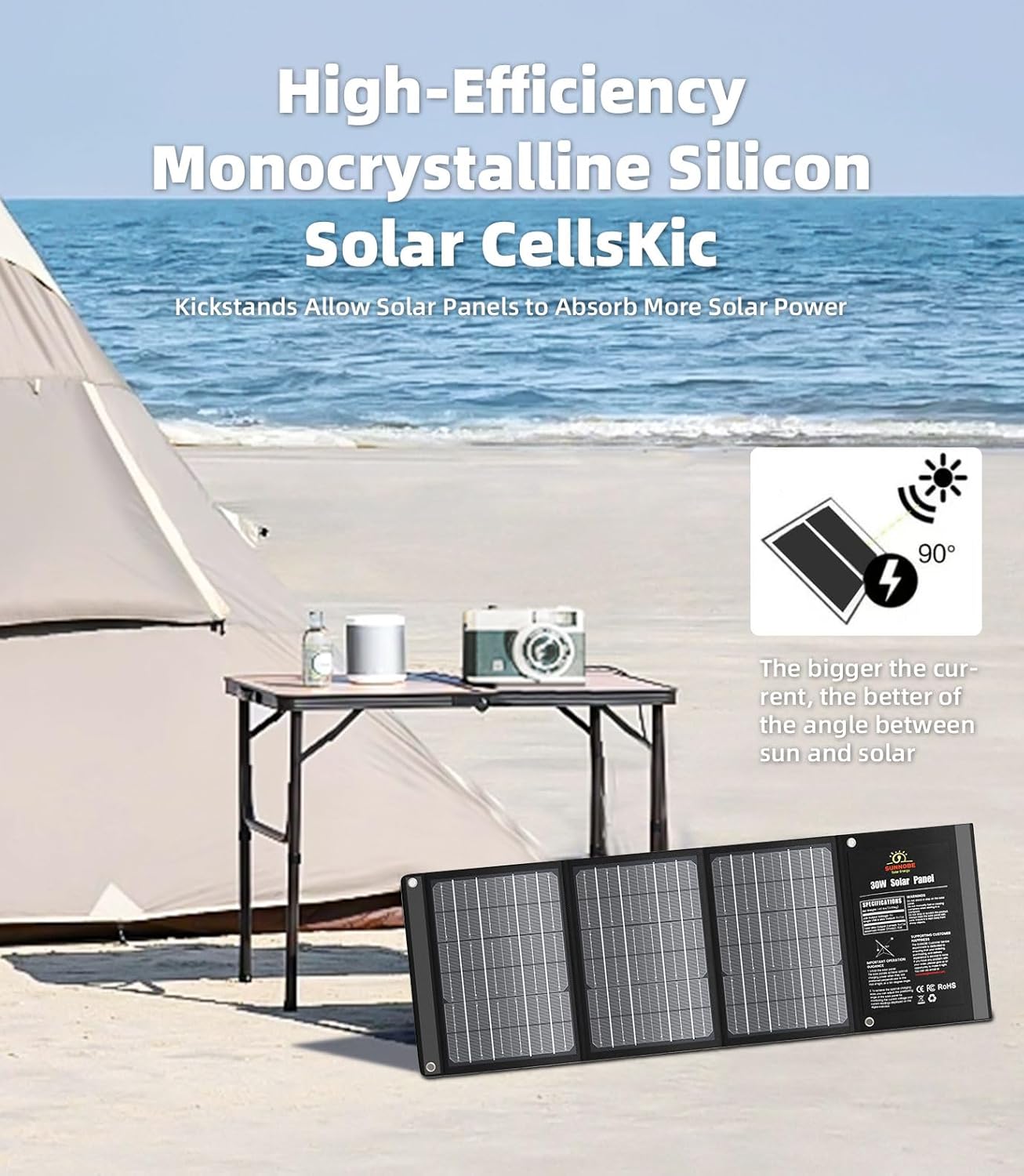 Panel solar portátil SUNNOBE con cable 3 en 1, cargador de panel solar plegable de 30 W con amperímetro digital para campamento y senderismo,
