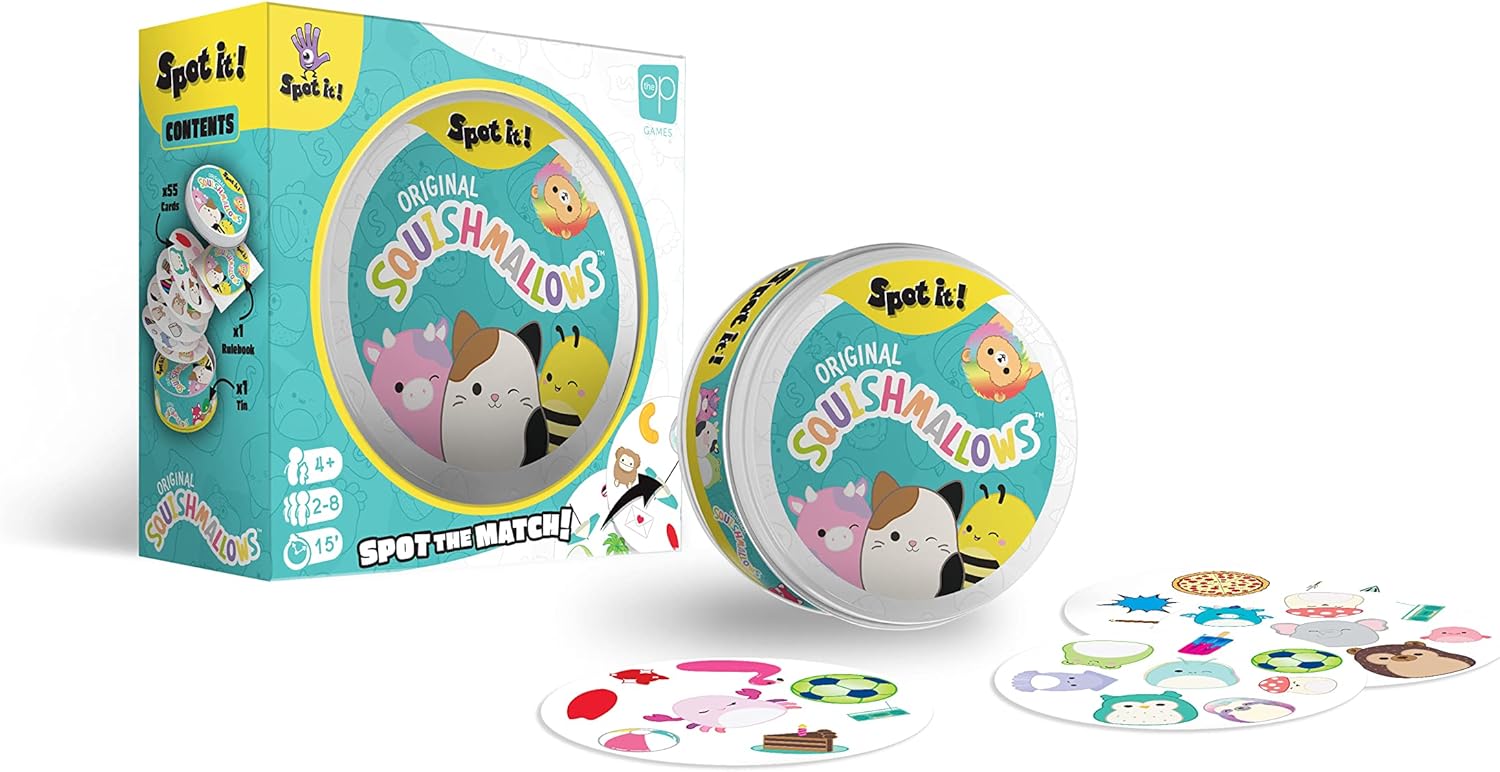 Spot It! Squishmallows – Divertido juego de cartas para niños y adultos  Con Mila, el elefante o Cailey, el cangrejo rosa y más  Juego con licencia