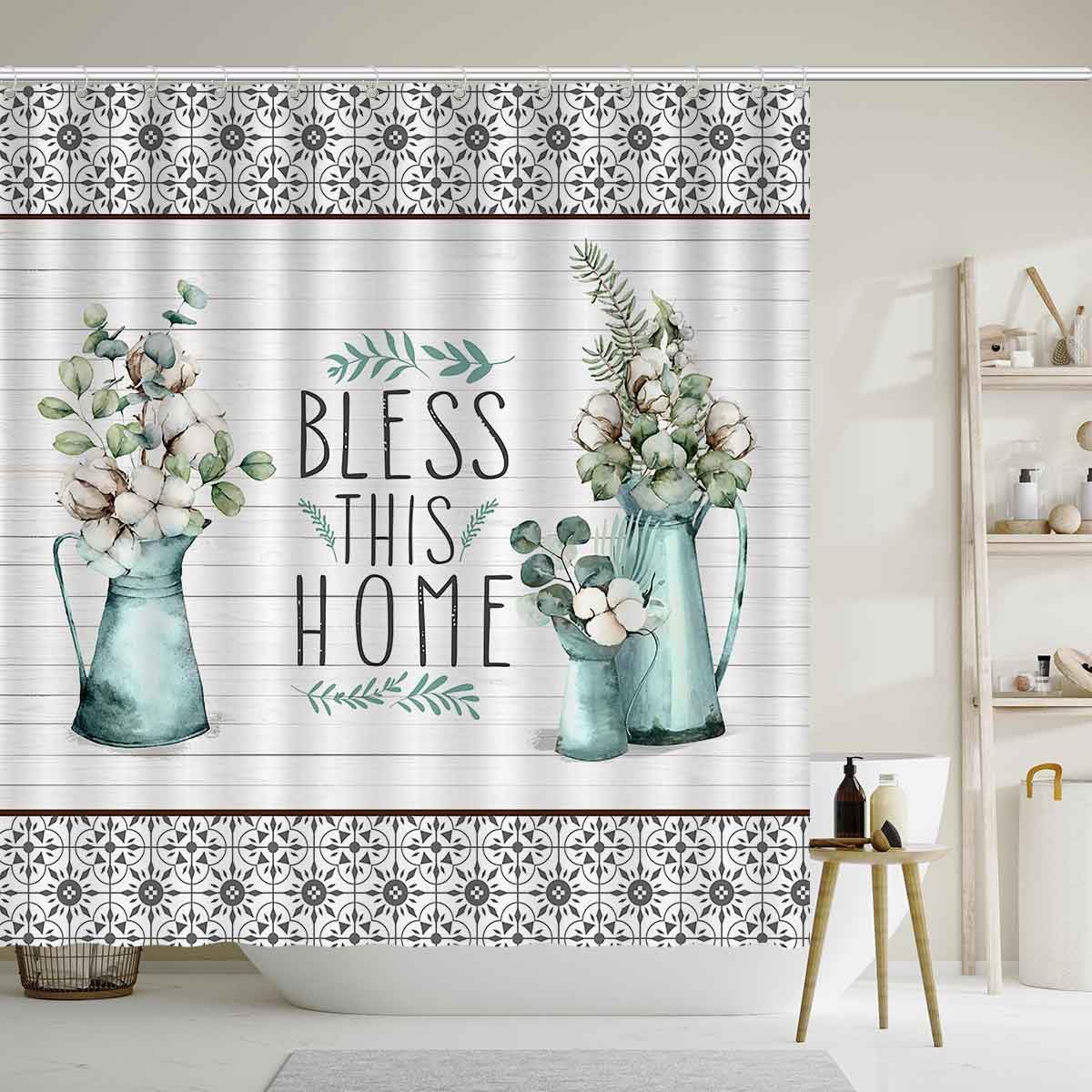 Juego de 4 cortinas de ducha de granja, flores de algodón blanco, jarrón verde menta, hojas de eucalipto, decoración de baño rústica, cortina de