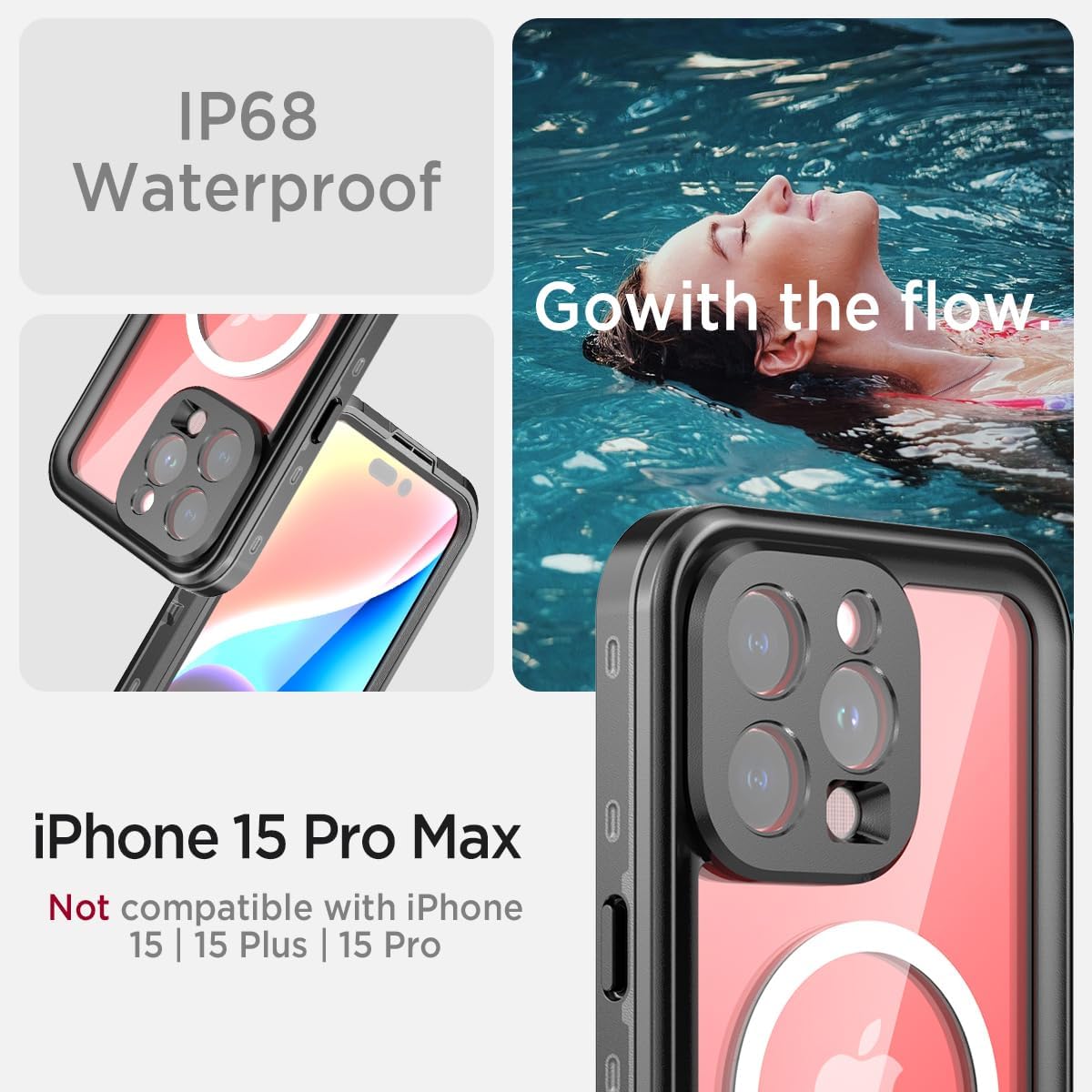 Miimall Funda impermeable para iPhone 15 Pro Max con MagSafe, IP68 bajo el agua protector de pantalla HD integrado 360 grados a prueba de golpes a