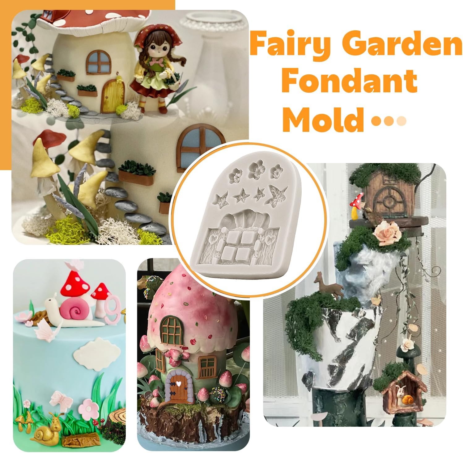 Sijiangmold Moldes de silicona encantados para jardín, hadas, gnomo, puerta de casa, ventana, molde de fondant para caracol, hongos, fondant, para