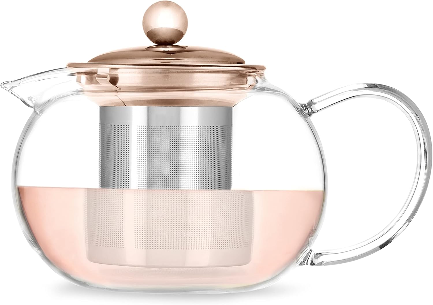 Pinky Up Candace – Tetera de vidrio con tapa de oro rosa, olla de té con infusor extraíble de acero inoxidable y tetera para té suelto, 28 onzas