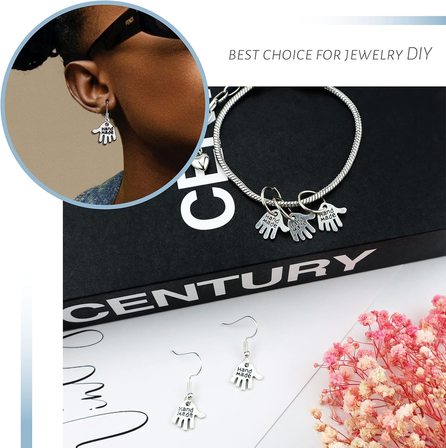 JIALEEY 100 dijes en forma de mano hechos a mano, letreros tallados en tono plateado para hacer joyas de moda, hallazgos, manualidades, costura,