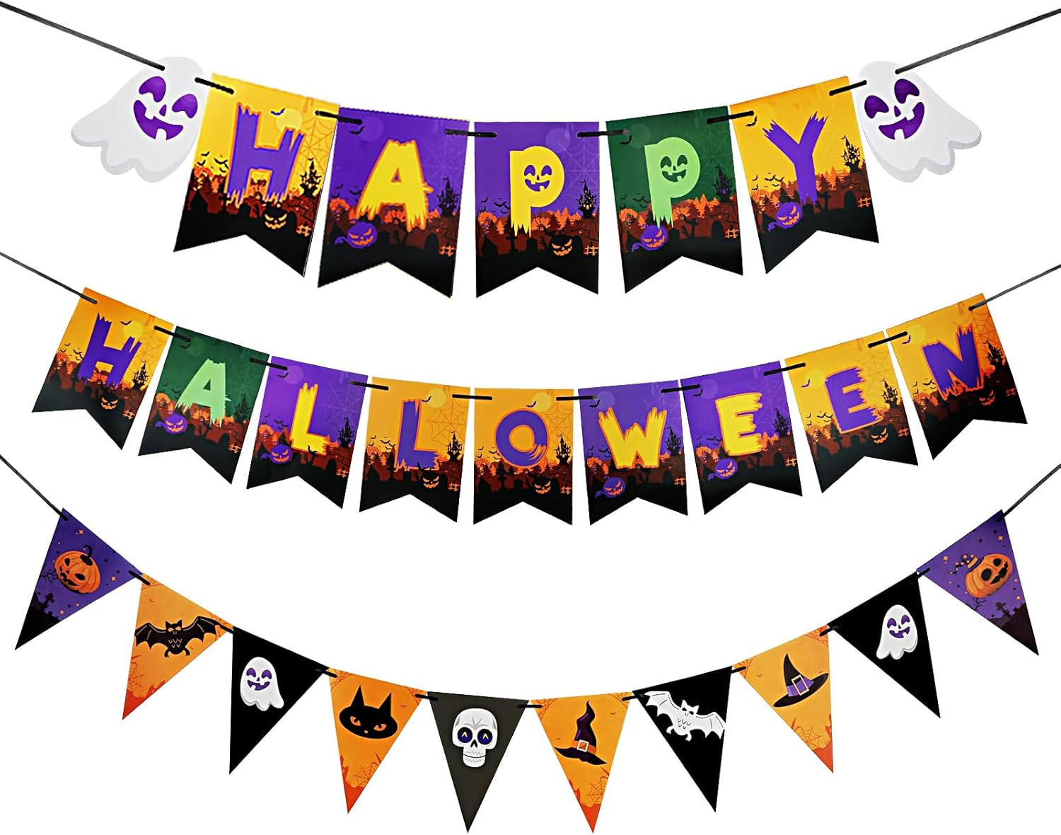 Happy HALLOWEEN – Pancarta de porche delantero, coloridos pancartas de cola de pez y triángulo de Halloween con calavera, murciélago y calabaza,
