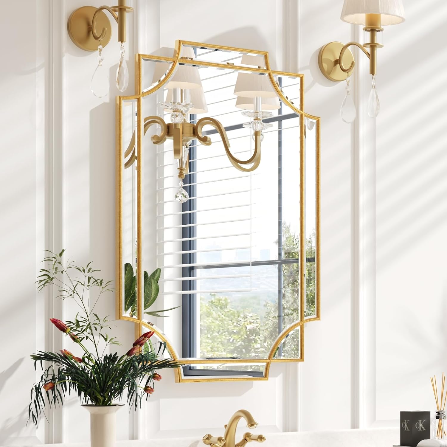 Kelly Miller Espejo de baño dorado para pared, espejo de pared dorado de 20 x 30 pulgadas, espejo de tocador, espejo decorativo para decoración de
