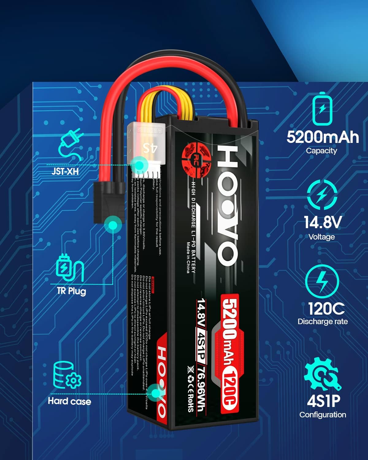 HOOVO 4S Lipo Battery 14.8V 120C 5200mAh RC Car Battery Hard Case with TR Plug Compatible para 18 y 110 RC Car Buggy Truck Slash 4X4 Crawler Monster