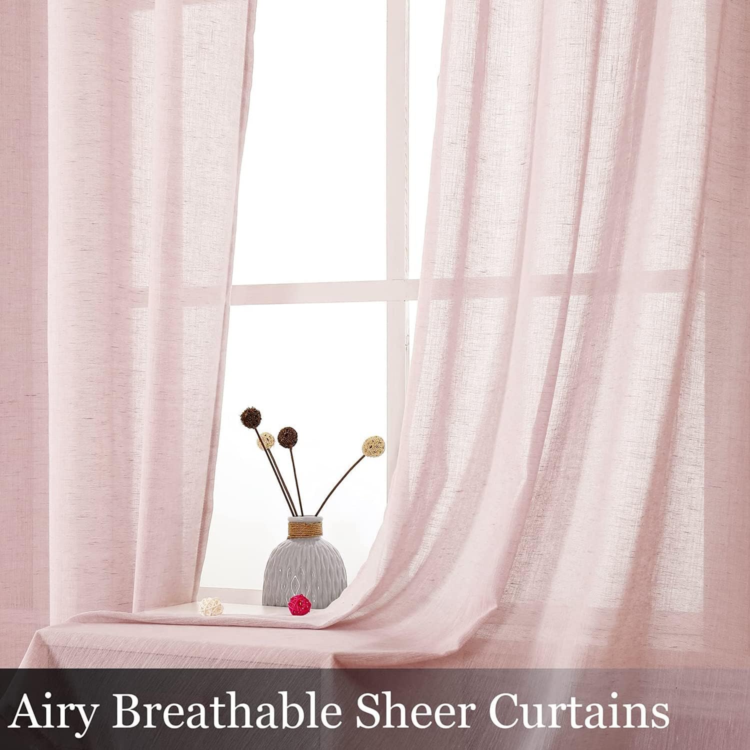 SELETEX – Cortinas traslúcidas de lino natural color rosa rubor para sala de estar, elegantes cortinas lisas para ventana que filtran la luz,