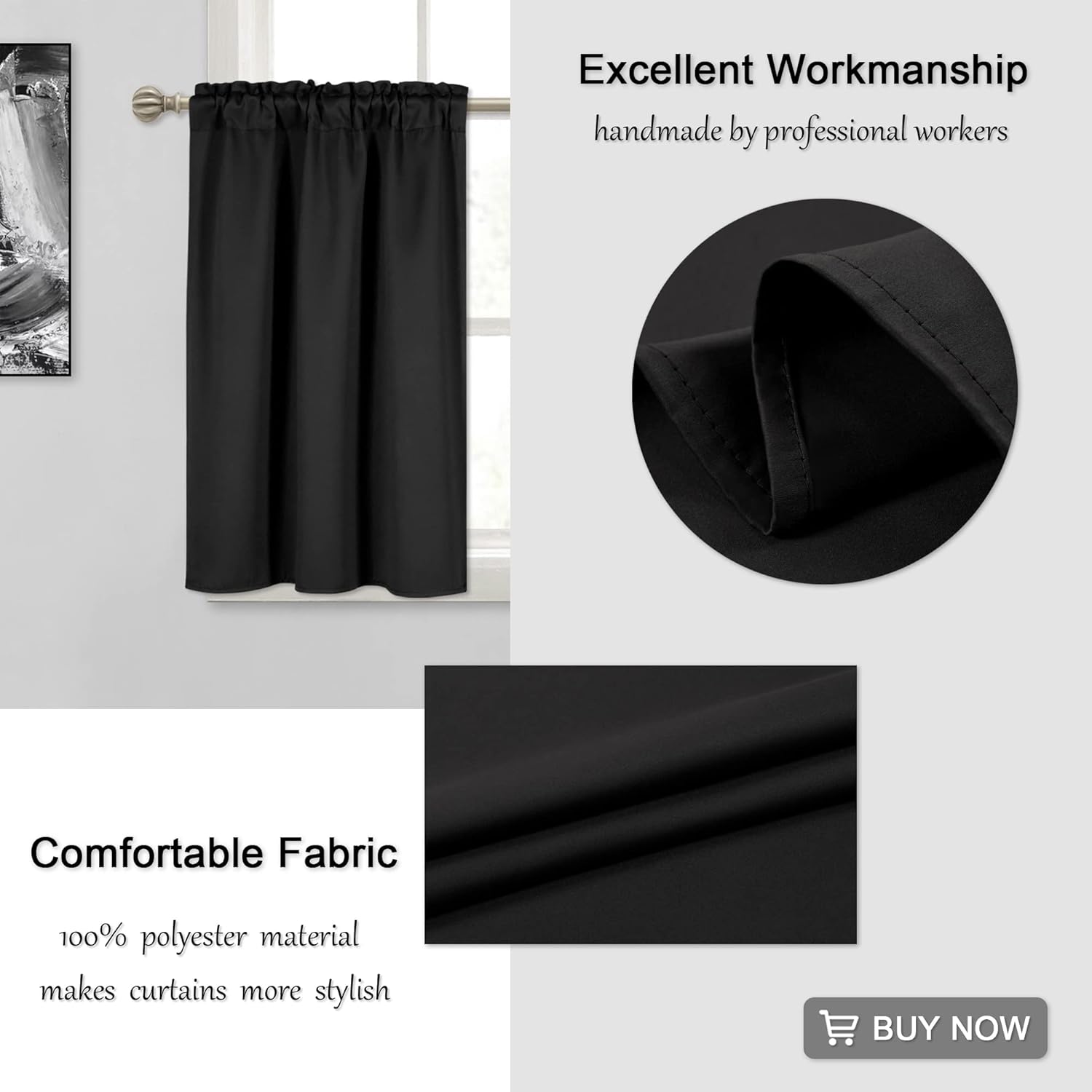 Cortinas negras de 36 pulgadas de largo, 2 paneles para cocina, ventana pequeña, opacas, ventana corta, juego de cortinas con bolsillo para barra,