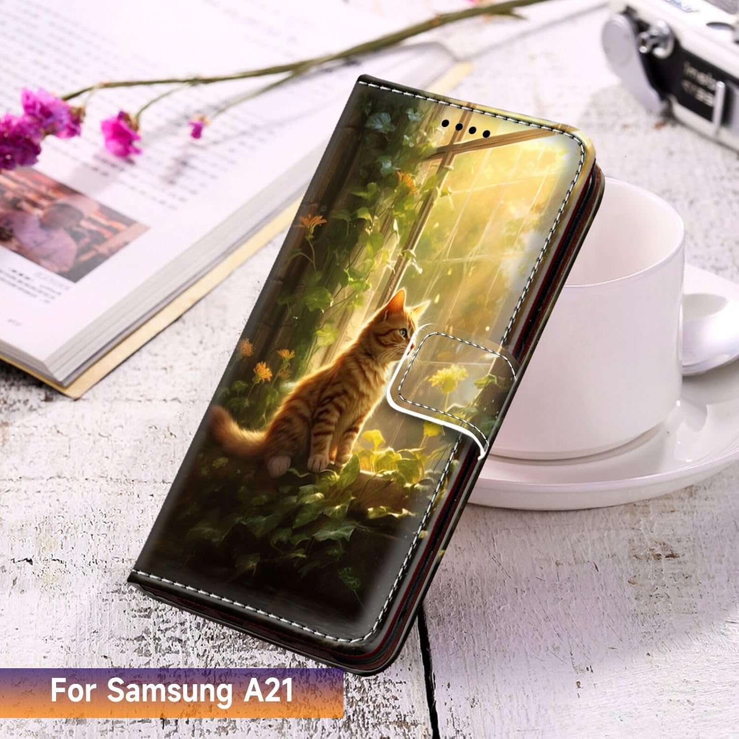 DAFEI Funda tipo cartera para Samsung Galaxy A21 con estampado de gato-aa211 de piel sintética con tapa para tarjetas de crédito y tarjetas de