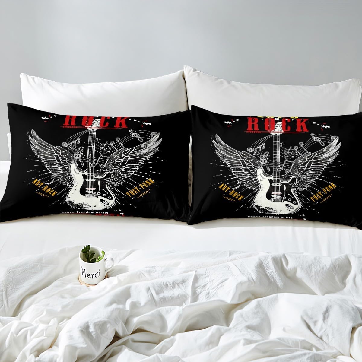Feelyou Funda de edredón con temática de música rock, juego de ropa de cama con patrón musical para niños, adolescentes, alas de pájaro, funda de