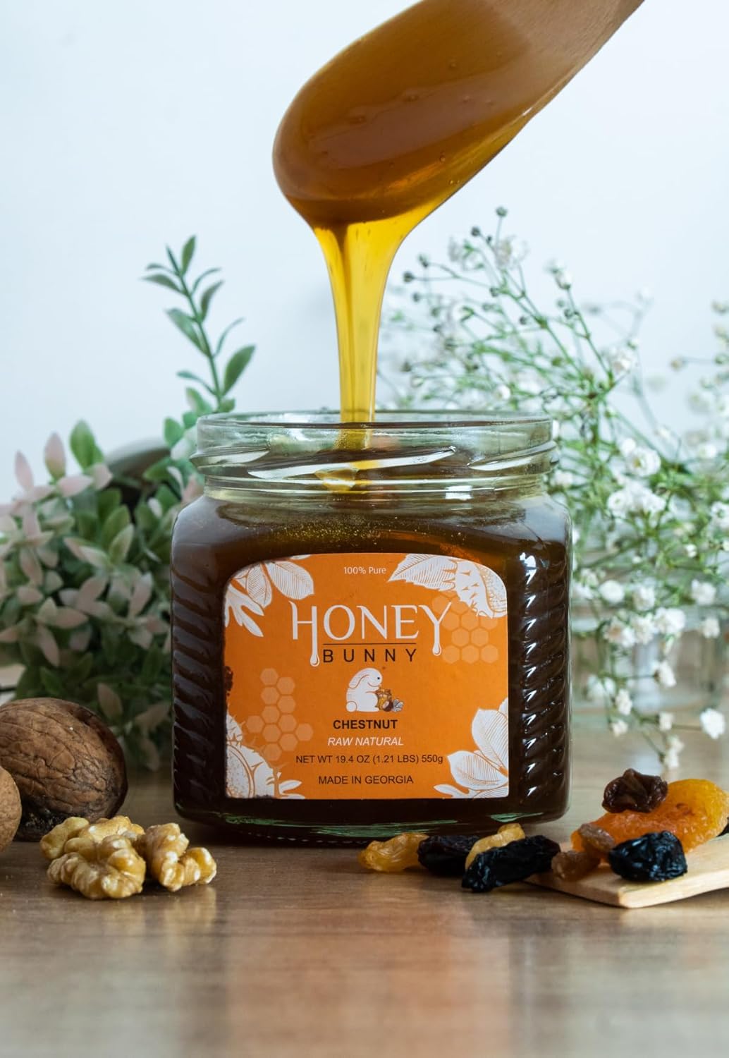 Honey Bunny Castaño crudo natural, buena fuente de antioxidantes, edulcorante alternativo, producto de Georgia 19.4 onzas, paquete de 1