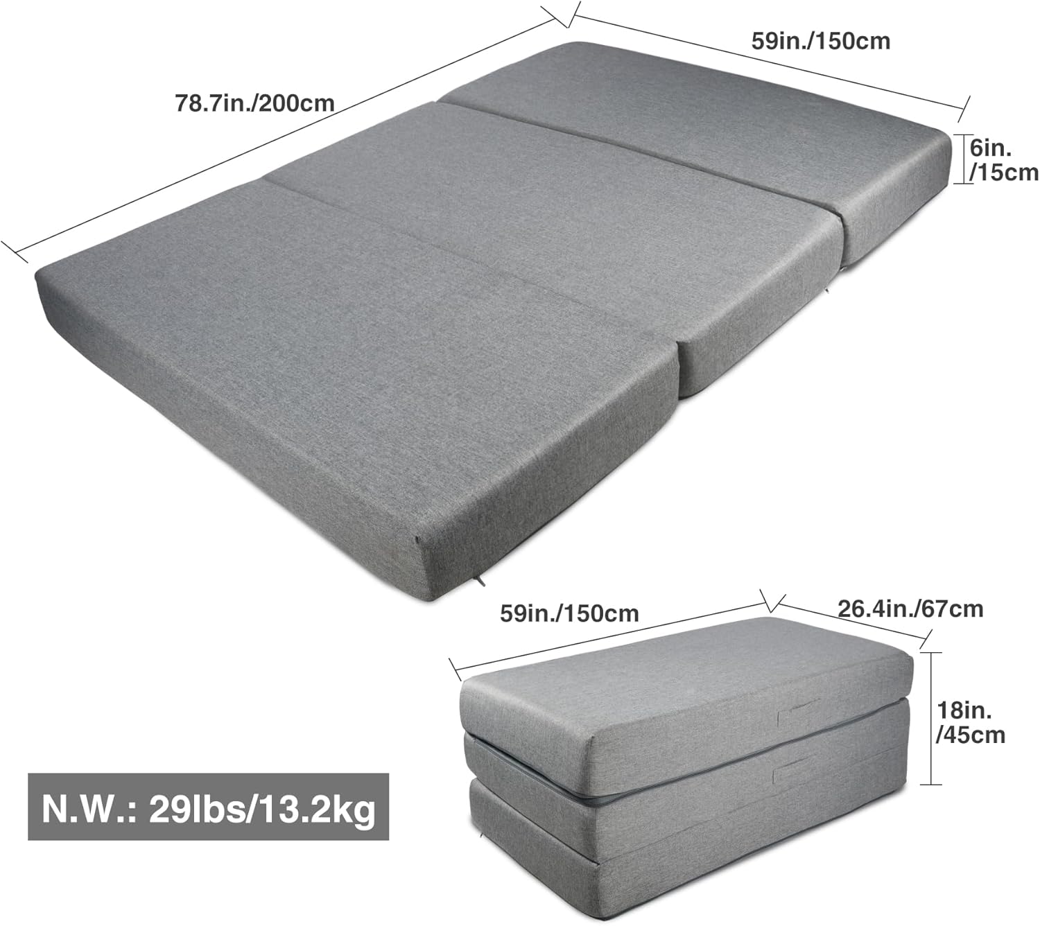 Colchón plegable de espuma viscoelástica, cubrecolchón de triple pliegue de 6 pulgadas con funda transpirable y lavable, cama de invitados portátil