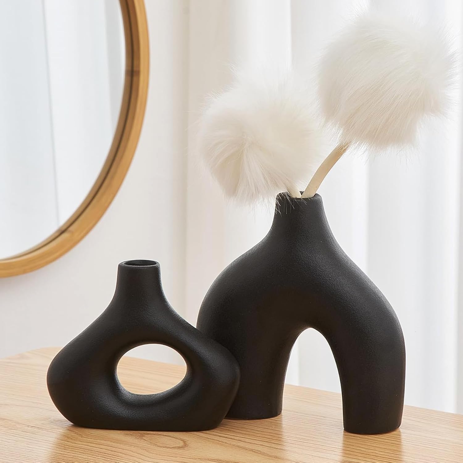 Juego de 2 jarrones de cerámica negra para decoración moderna del hogar, jarrones redondos mate para hierba de las pampas, jarrones de flores