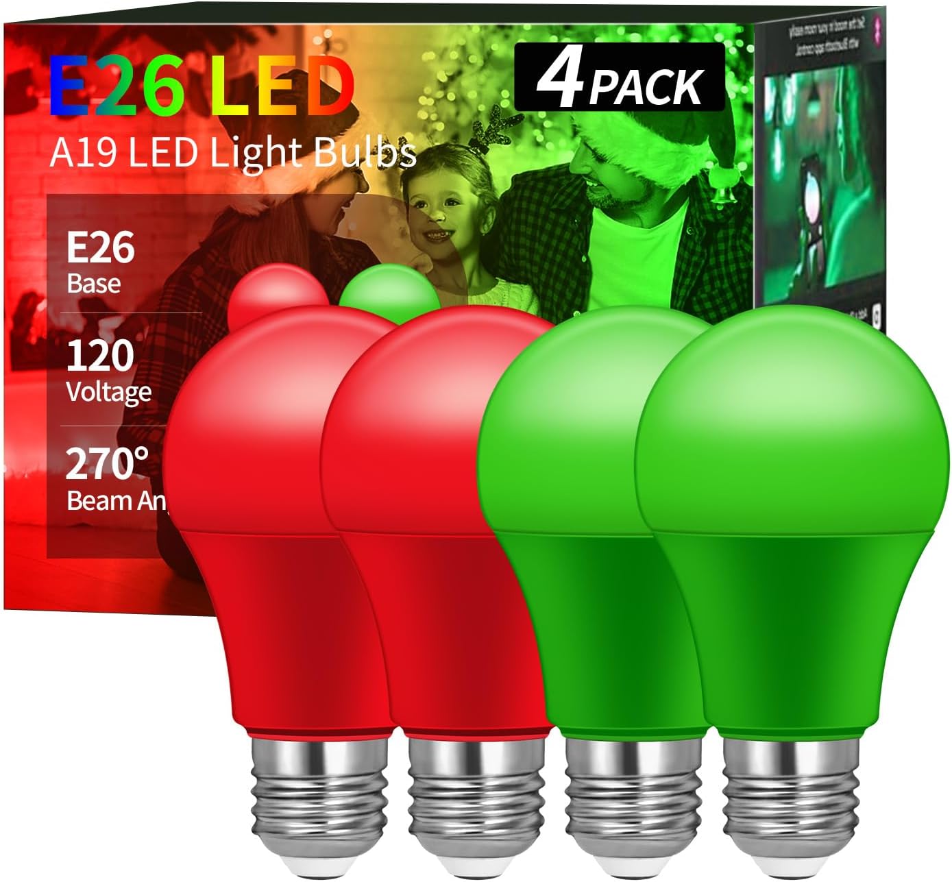 Bombillas de luz de Navidad, bombillas LED A19 rojas, bombillas verdes, bombillas rojas y verdes, equivalente a 60 W 9 W, base E26, bombilla de