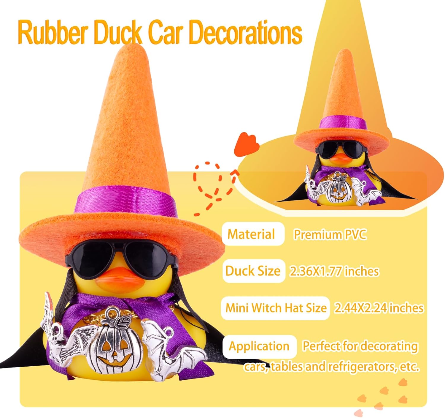 MuMyer Adornos de pato de goma para automóvil, decoraciones de tablero de automóvil con mini sombrero de bruja, gafas de sol, collar, accesorios de