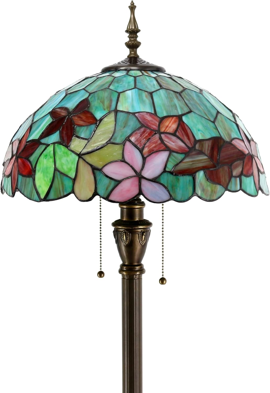 Tiffany – Lámpara de pie con vitrales, 16 x 16 x 70 pulgadas, luz de lectura antigua (flores rojas y verdes)