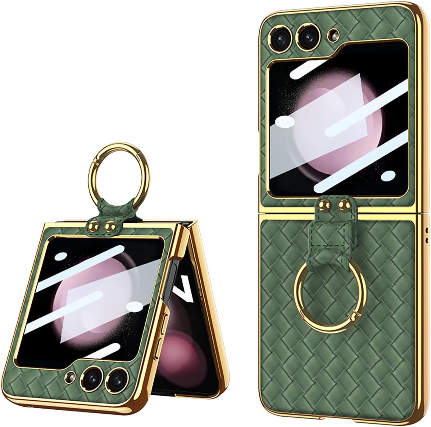 BAILI Funda para Galaxy Z Flip 5, protección completa de 360 de piel trenzada Z Flip5 con anillo, viene con protector de pantalla pequeño, diseño de