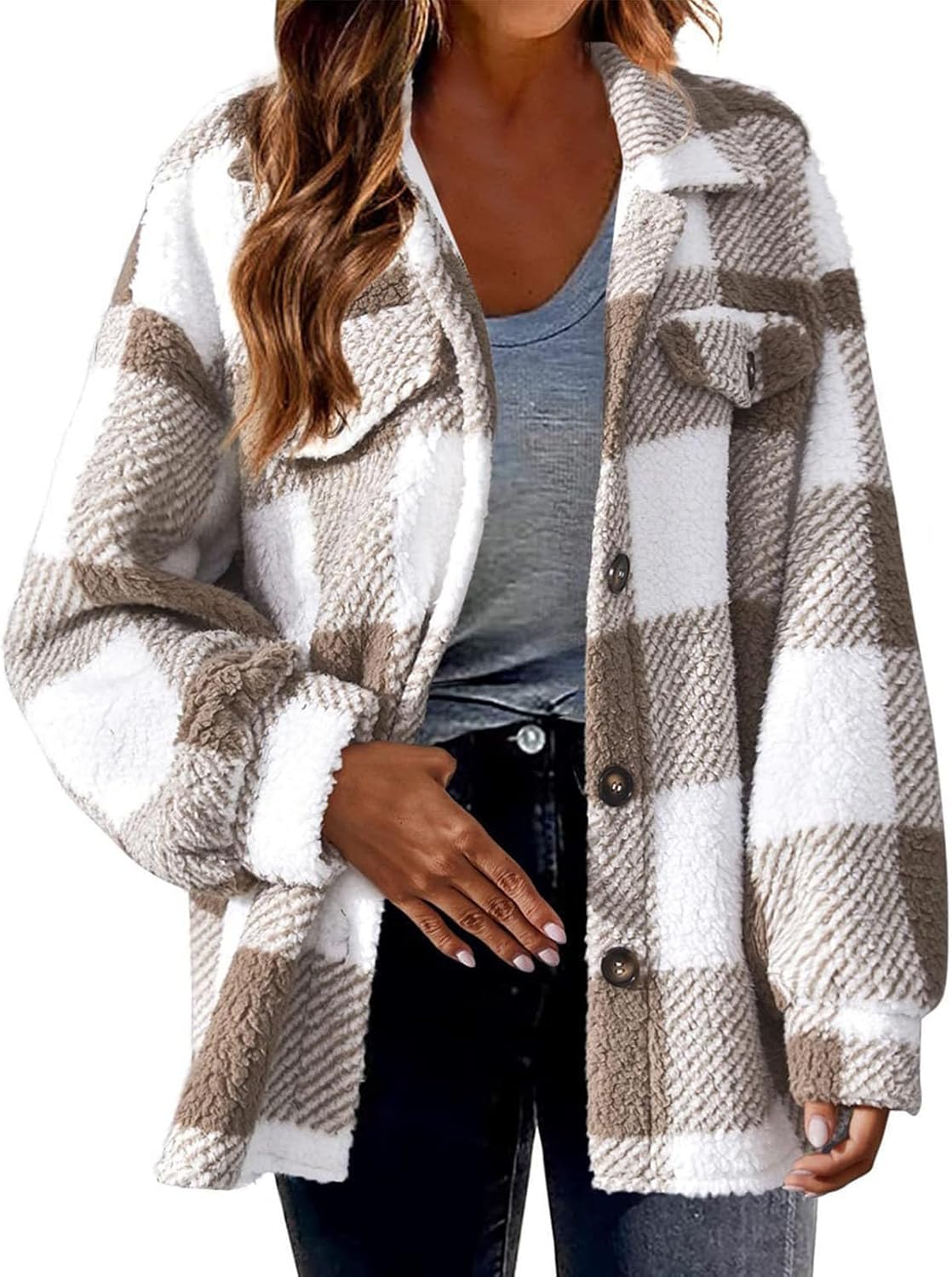Chaqueta de franela a cuadros para mujer con bolsillos, para otoño e invierno, a la moda, casual, con botones, camisa de manga larga holgada