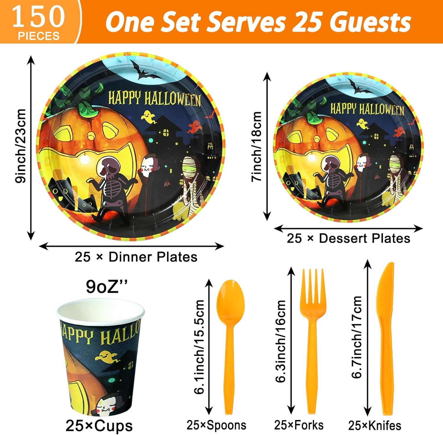 150 piezas de suministros para fiesta de Halloween, decoraciones de fiesta de Halloween (sirve 25), juego de vajilla desechable para niños, incluye