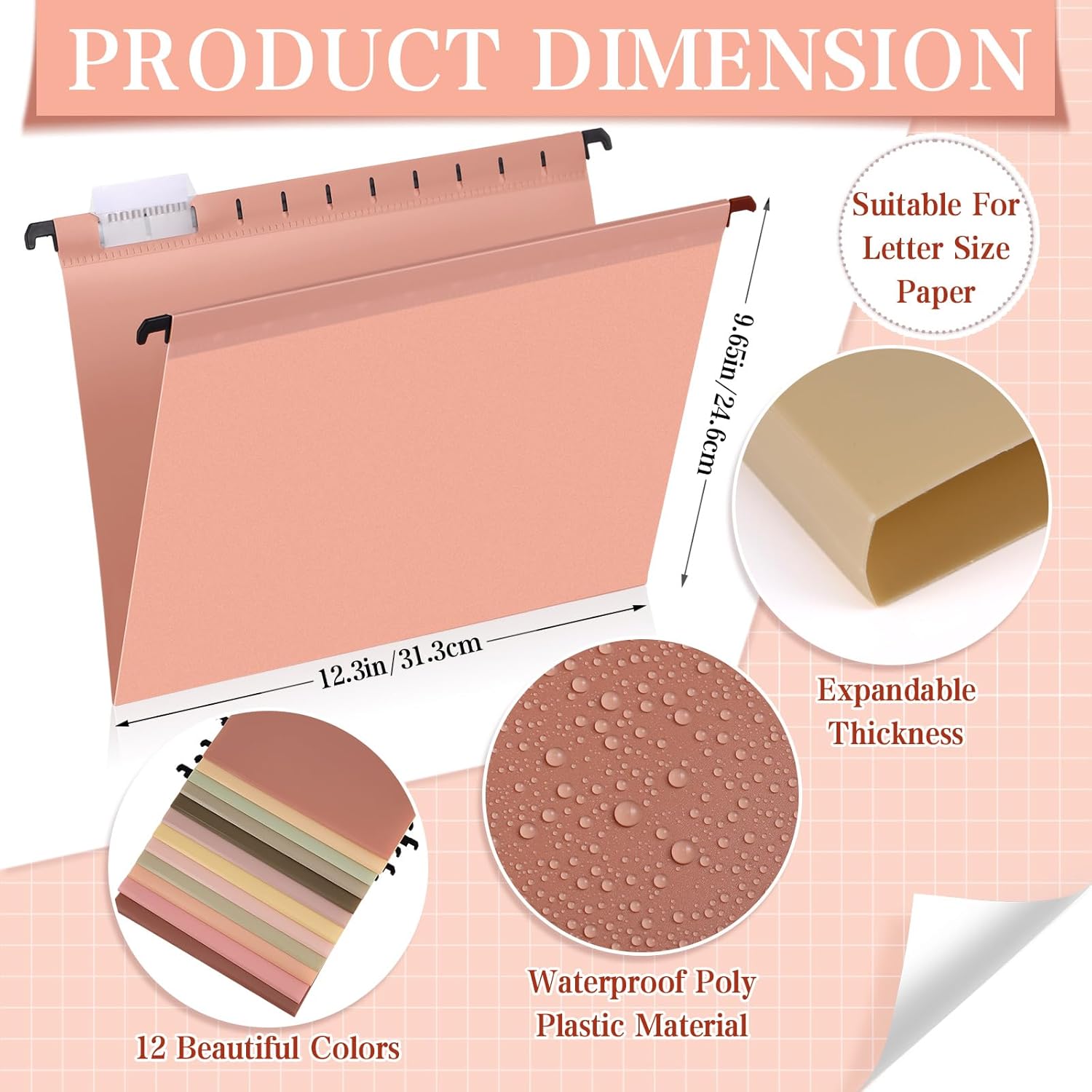 24 carpetas colgantes de plástico de polietileno, tamaño carta, carpetas colgantes impermeables para archivador, carpetas de archivos de colores con