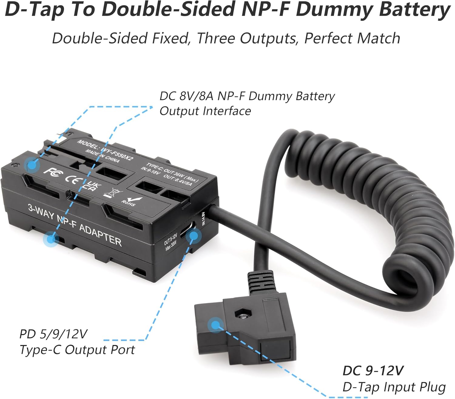 D-Tap Ptap a doble cara NP-F550970570770 Adaptador de corriente de batería ficticia para fuente de alimentación fija y síncrona para monitor y