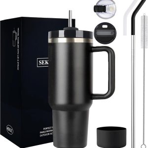 Sekirou Vaso de 40 onzas con asa y tapa con pajilla, botella de agua metálica de acero inoxidable Quencher con aislamiento grande, con tapa a prueba Sekirou Vaso de 40 onzas con asa y tapa con pajilla, botella de agua metálica de acero inoxidable Quencher con aislamiento grande, con tapa a prueba