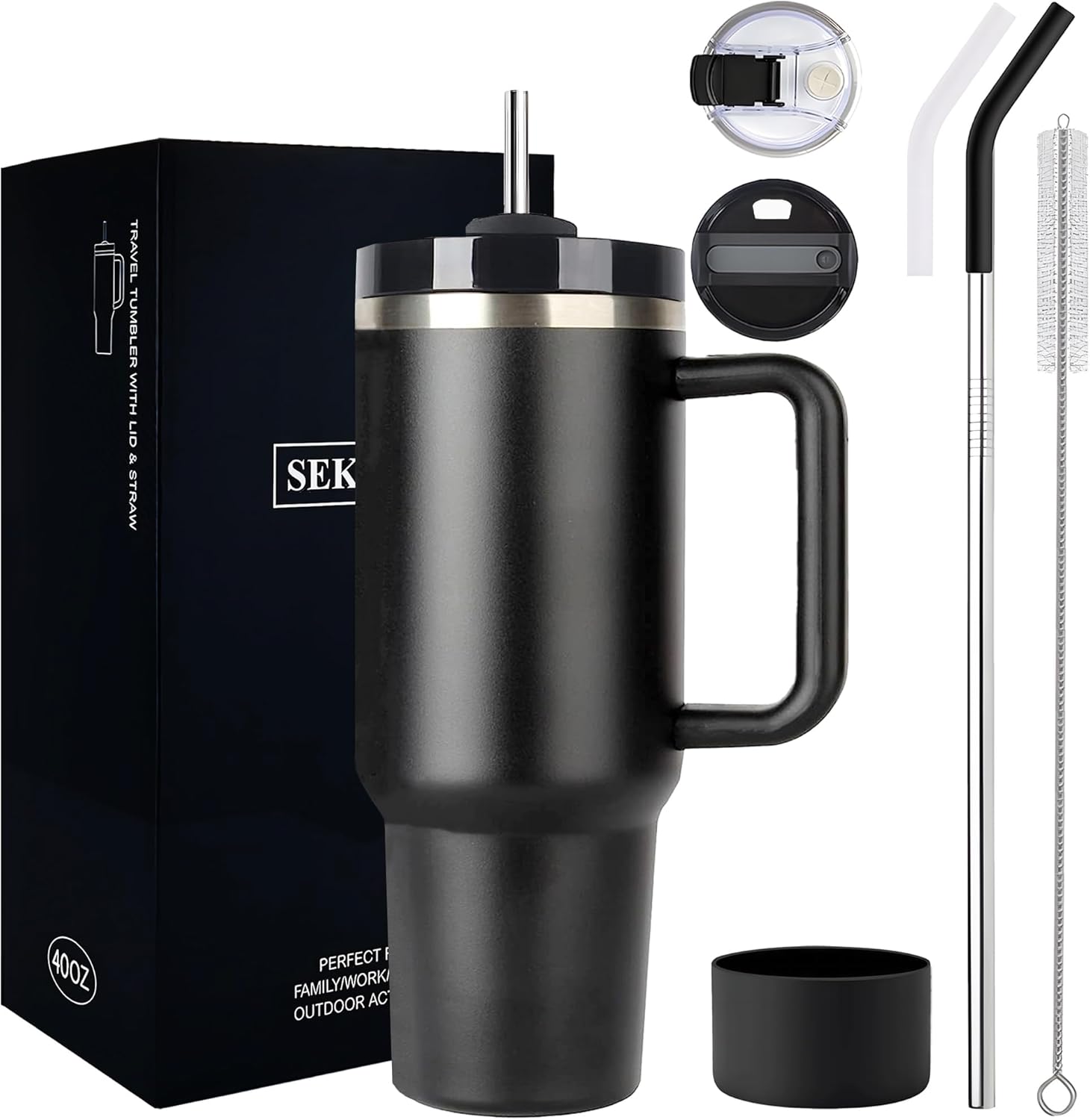 Vaso de 40 onzas con asa y tapa con pajilla, botella de agua metálica de acero inoxidable Quencher con aislamiento grande, con tapa a prueba de