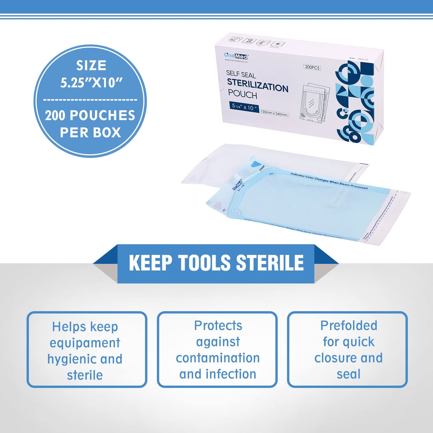 OneMed 400 bolsas de esterilización autosellantes dentales 5.25×10 pulgadas 200caja 2 cajas