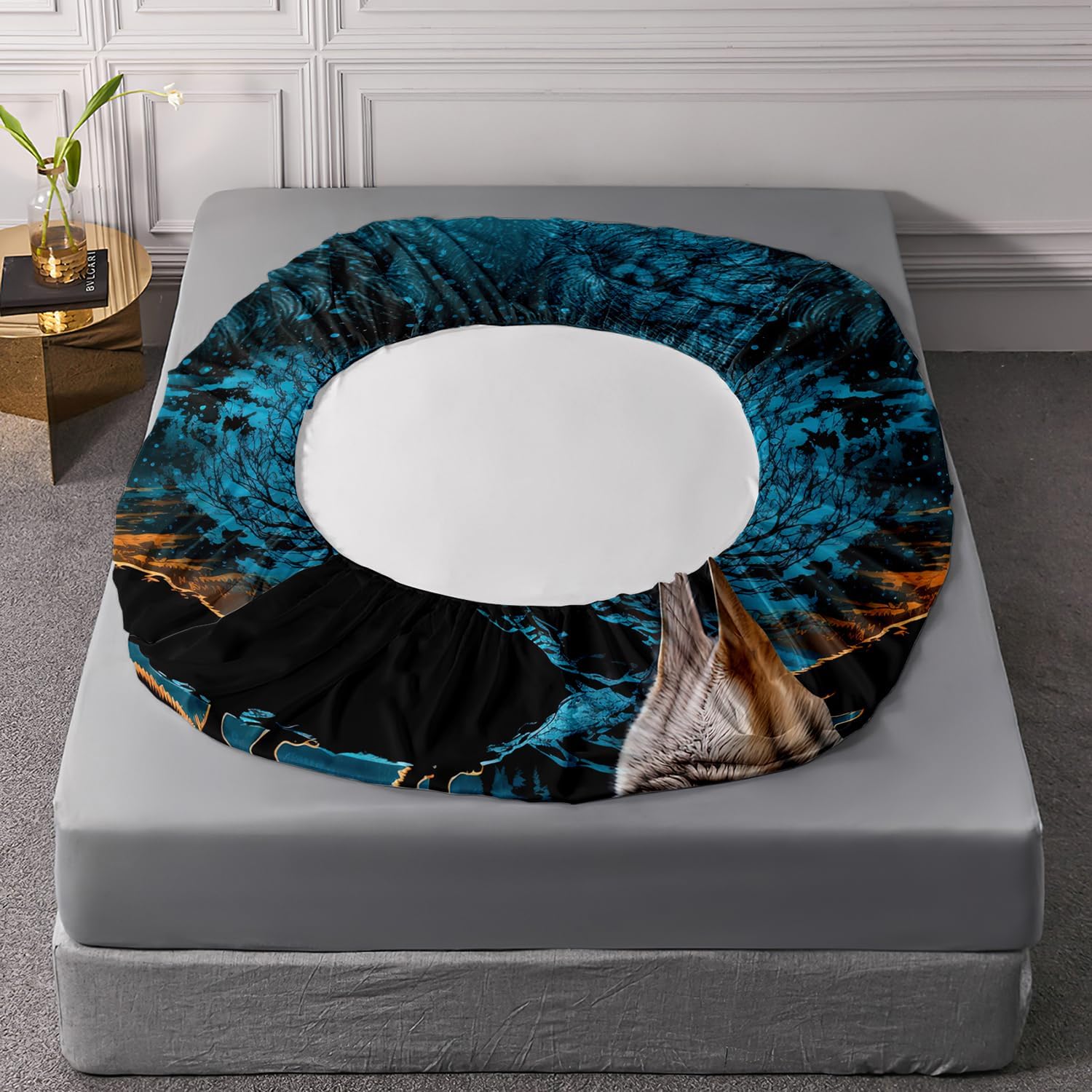 HOSIMA Sábana bajera ajustable con estampado de animales del bosque con 2 fundas de almohada, ropa de cama de árbol y luna y lobo, sábana bajera de